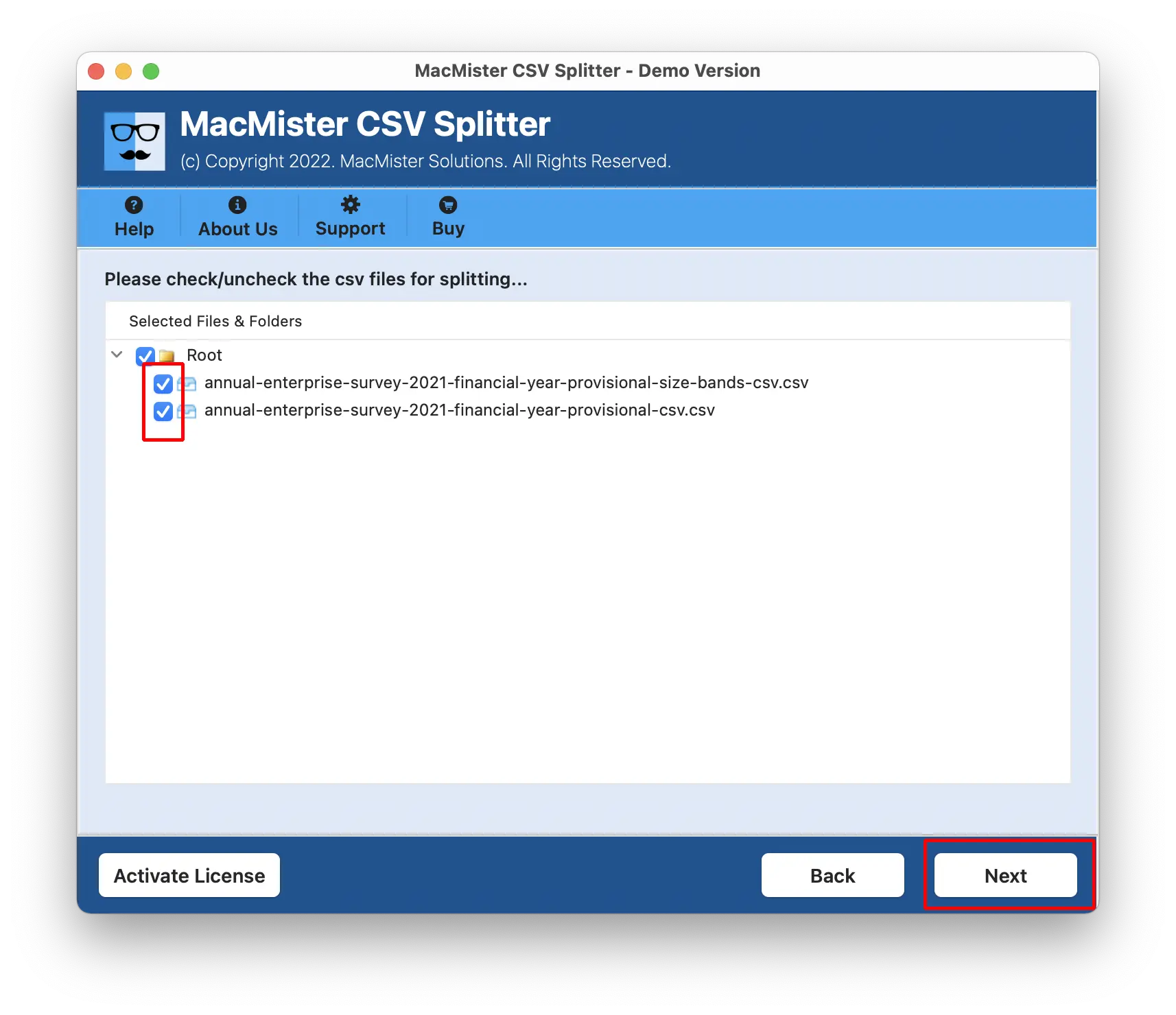selective split process of csv files