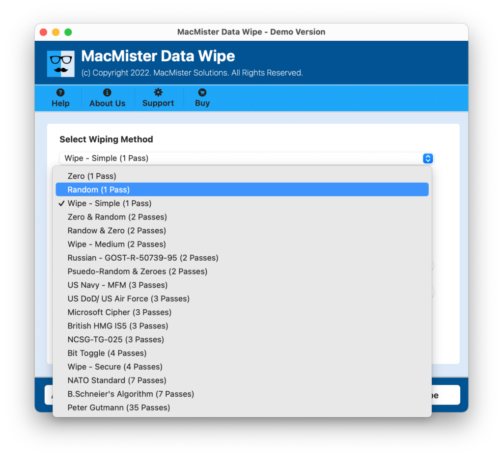 select wiping option